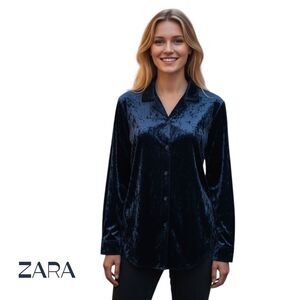 ZARA Blue Velvet Buttoned Down Long Sleeve Skirt NWOT Size M